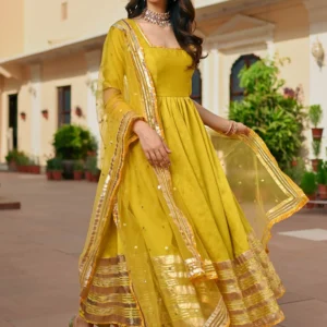 lemon green silk anarkali set