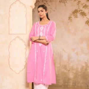 pink cotton chikankari long kurti
