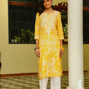 yellow cotton chikankari long kurti