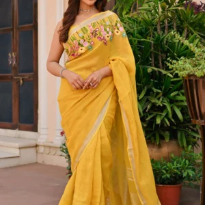 yellow pure linen embroidered saree