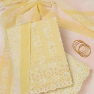 yellow threadwork cotton unstitched salwar suit