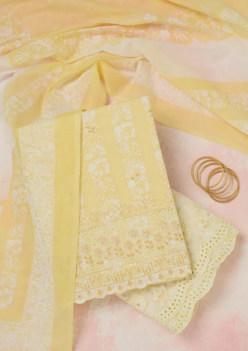 yellow threadwork cotton unstitched salwar suit