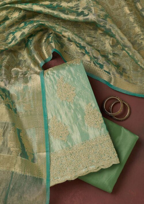 sea green metallic embroidery tissue unstitched salwar suit