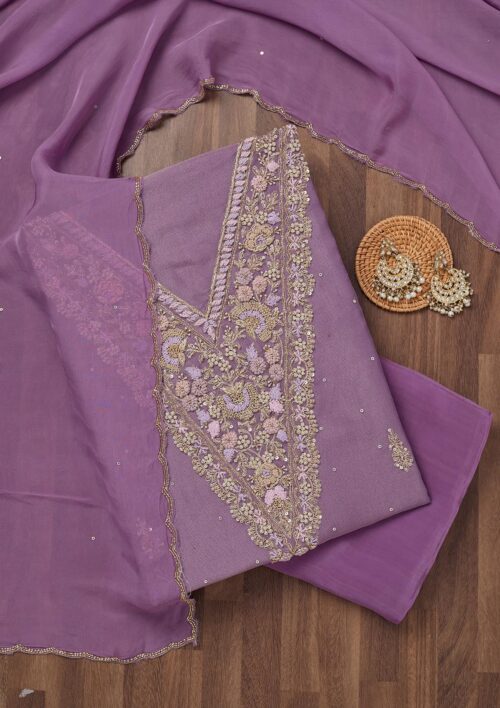 lavender stonework tissue unstitched salwar suit