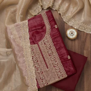 maroon threadwork semi crepe unstitched salwar suit